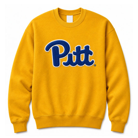 Pitt Script Soft-Style Embroidered Gold Crew Neck
